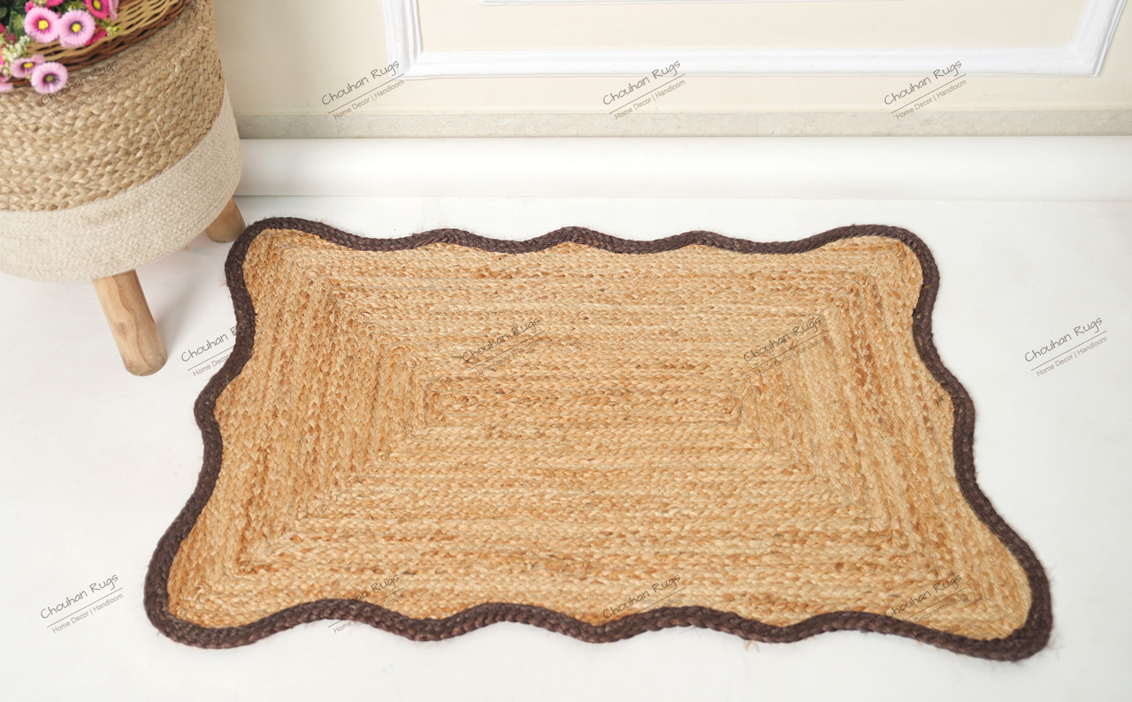 Hand Braided Beige Color Natural Jute Rug Scalloped Area Rug Rectangle Rug