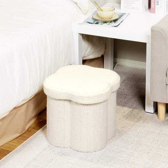 PINPLUS 12.6" Storage Ottoman,Toy Chest BoxFolding Footrest Stool Seat,Flower Shape,Sherpa Fabric,White