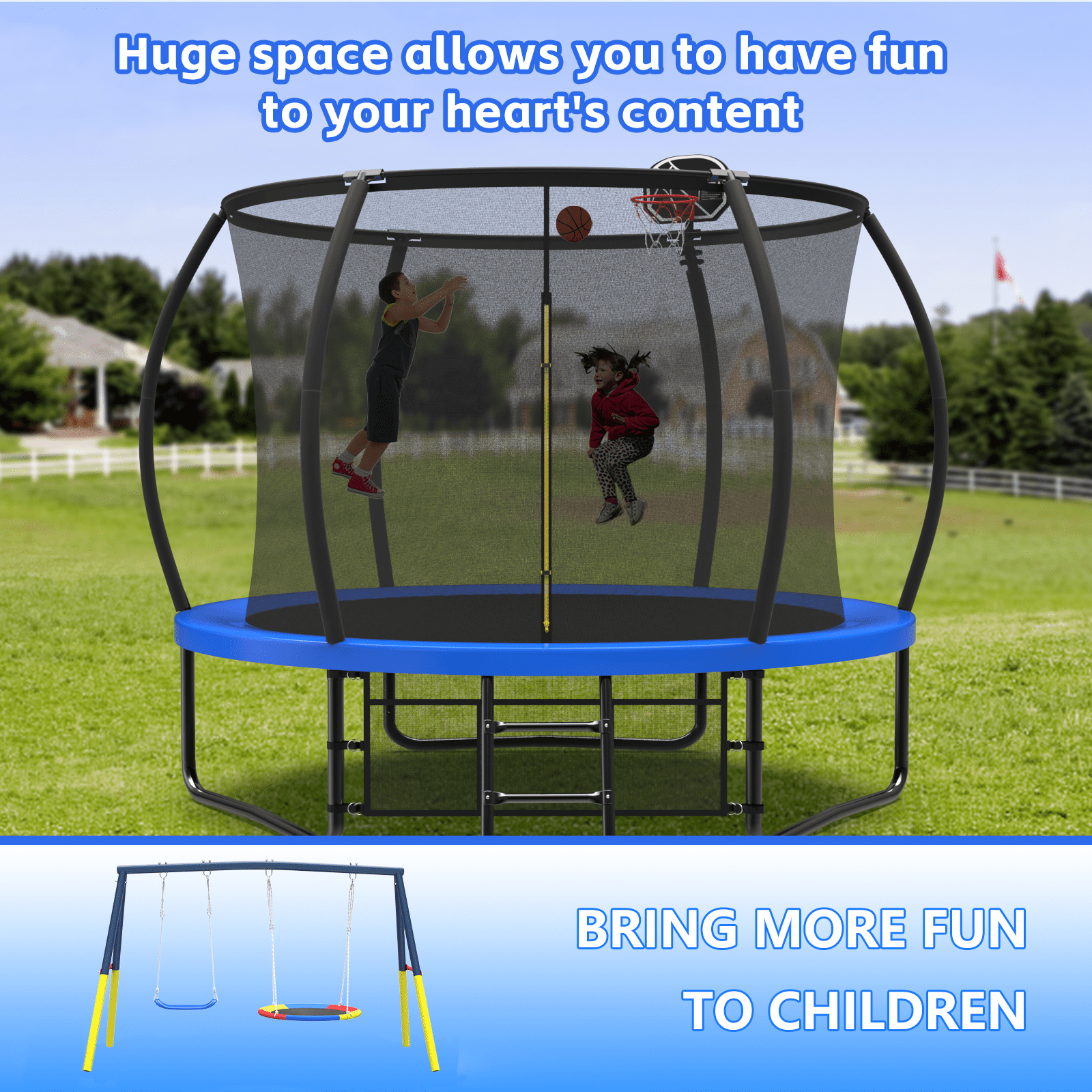Mersco 10FT Heavy Duty Trampoline with Enclosure Net ,Swing Set Outdoor Big Trampoline for Backyard, Kids Trampoline with Basketball Hoop,Kids Birthday and Festival Gifts,Blue