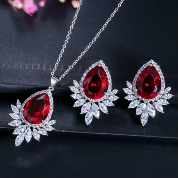 Classy Red Cubic Zirconia Water Drop Leaf Pendent Necklace Earrings Jewelry Set