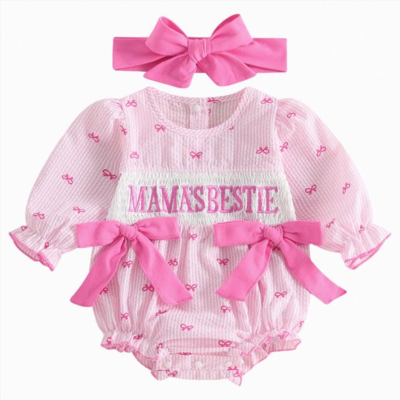mgoYE Newborn Infant Baby Girl Christmas Outfit Mamas Bestie Embroidery Long Sleeve Smocked Bubble Romper Ruffle Bodysuit(Pink,6-9 Months)
