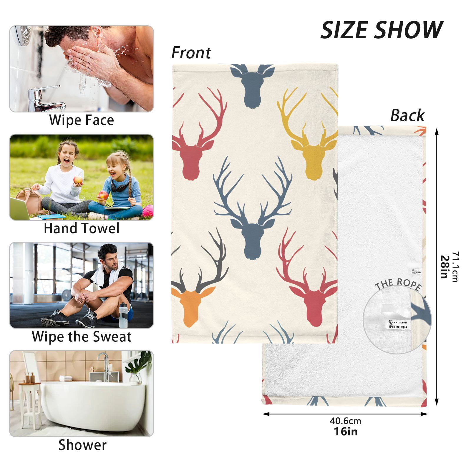 Print Antlers Deer Head Hand Towel Bath Towels Face Towels Cotton Absorbent for Home Hotel Spa Swimming Yoga Sports Decorative Towel Set of 2