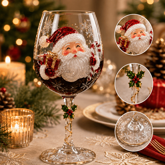Christmas 3D Wine Glass Collection Gift Box Set, Raised Holiday Wine Glass with Santa Snowman Tree Wreath Stocking Reindeer Designs, Festive Drinkware for Christmas Parties