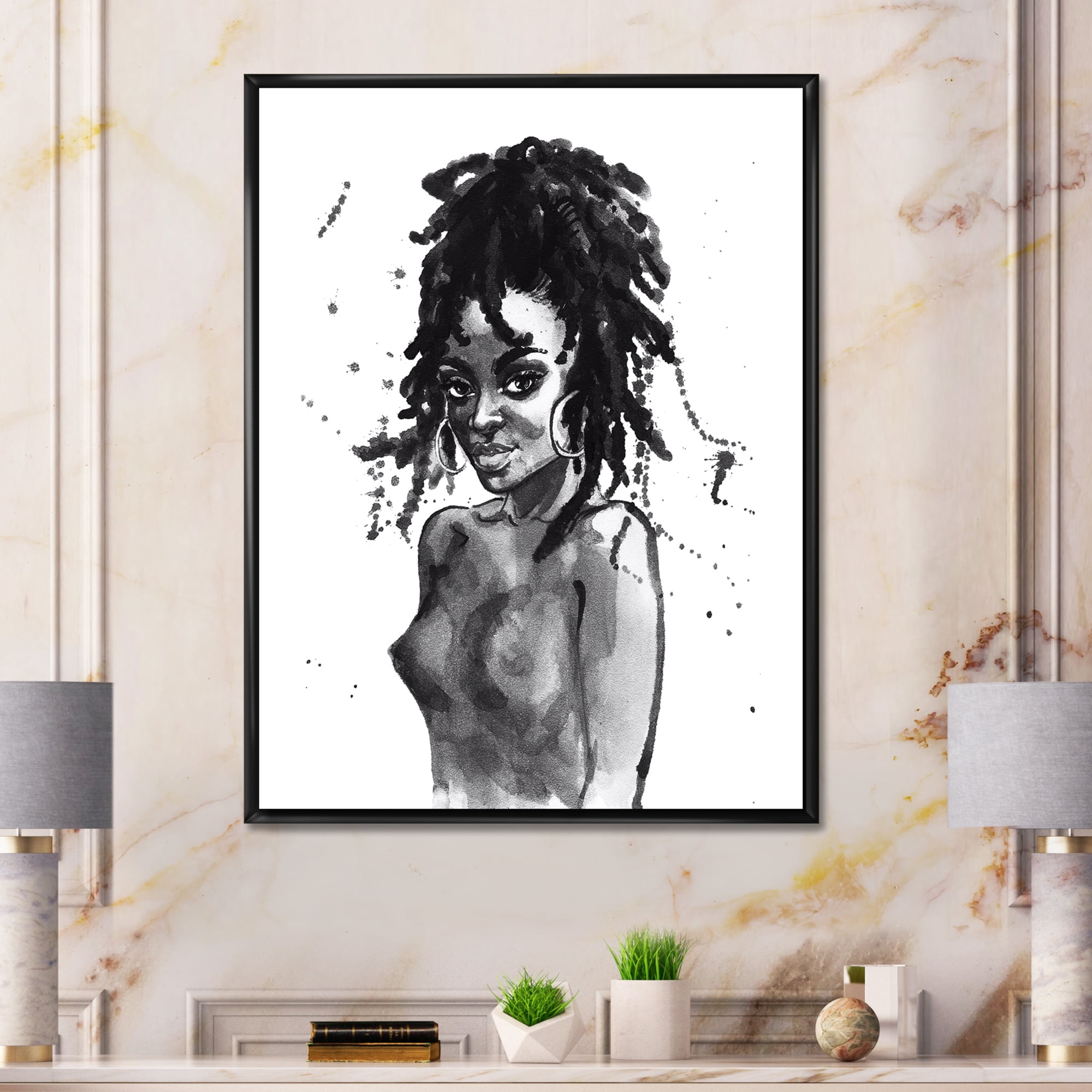 Designart 'Black and White Portrait of African American Woman V' Modern Framed Canvas Wall Art Print
