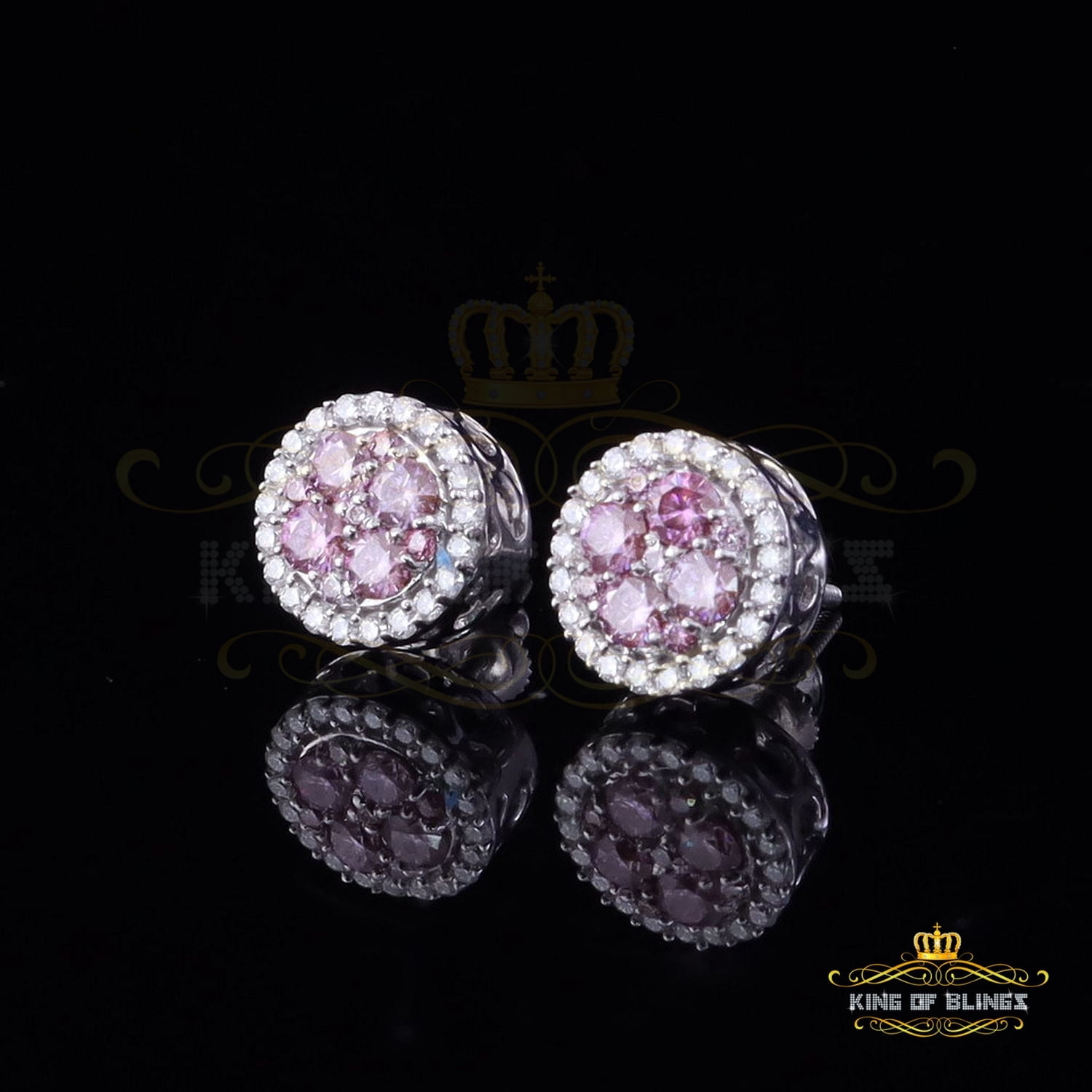 King of Bling's 925 Silver White 1.00ct VVS D Men's/Women's Pink Moissanite Round Stud Earrings