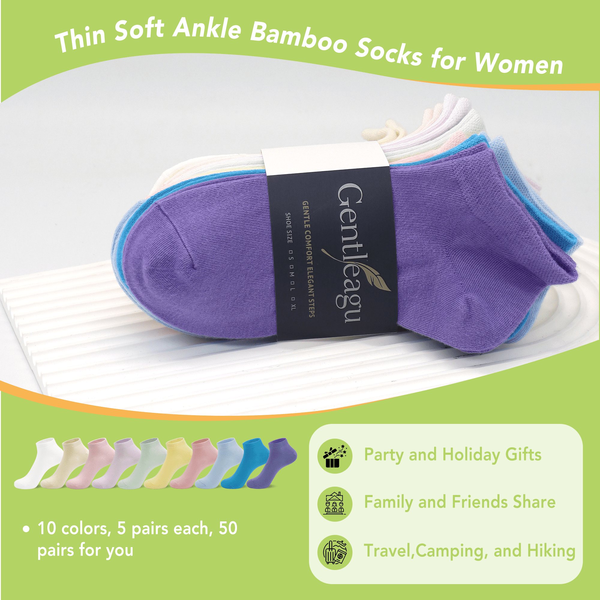 GENTLEAGU Bamboo Viscose Thin Ankle Socks for Women – Soft, Breathable, Anti-Odor – 50 Pairs, Bulk Pack