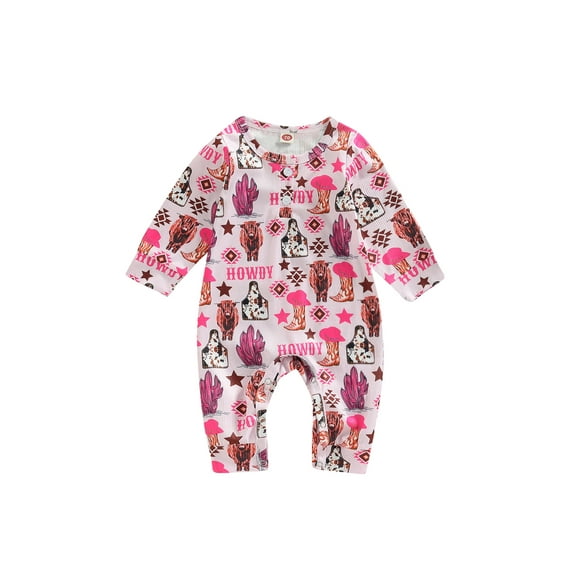 Seyurigaoka Toddler Baby Girls Boys Romper Pants Western Styles Letter Animals Boots Cactus Print Jumpsuits Autumn Long Sleeve Round Neck Bodysuits