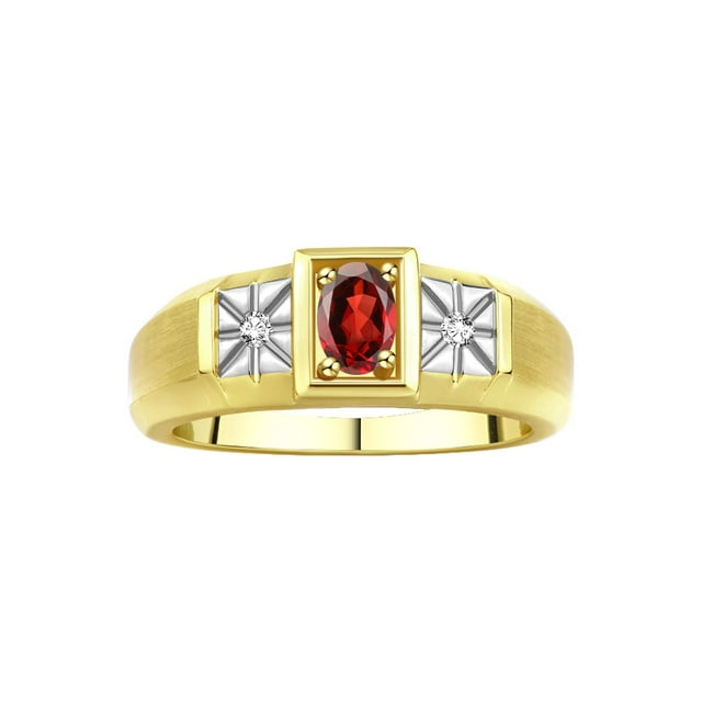 RYLOS Men's Rings 14K Yellow Gold Classic 6X4MM Oval Gemstone & Diamond Ring Garnet January Birthstone Rings For Men, Gold Rings Size 9