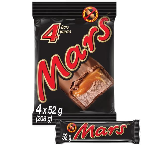 Mars, Barre de Chocolat Sans Arachides, 4 Barres Format Régulier, 208g