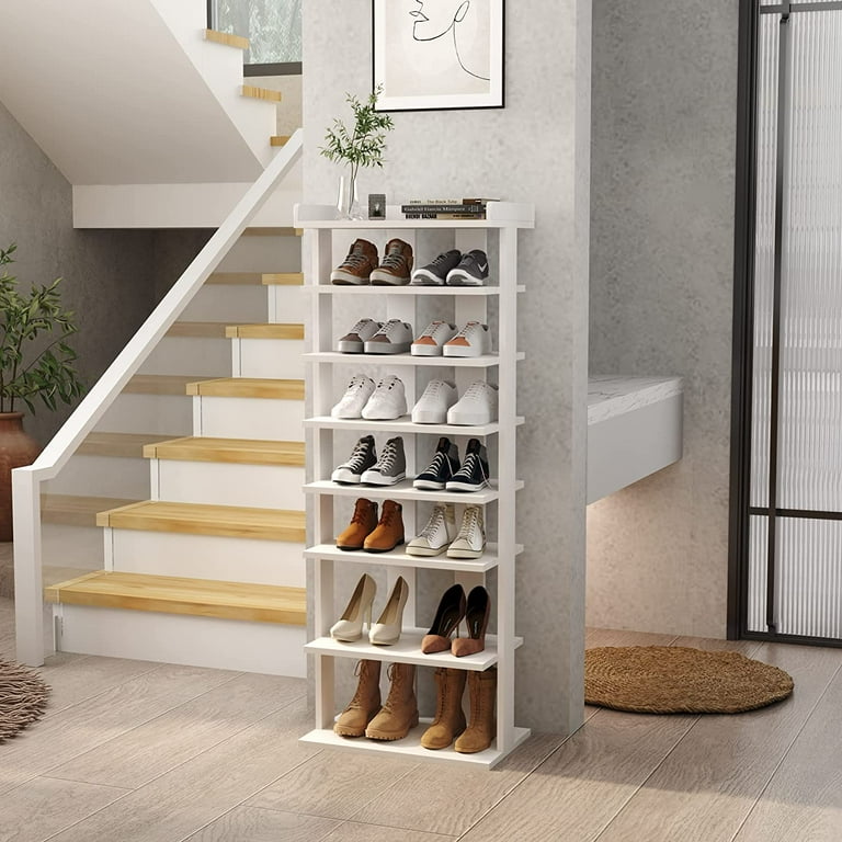 43.5 in. H 14-Pair 7-Tier White Wood Double Rows Shoe Rack Vertical Wooden  Shoe Storage Organizer