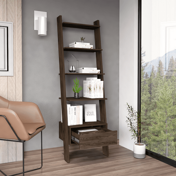 LiviNest Ladder Bookcase with Drawer and 5 Open Shelves, Dark Walnut Finish for Living Room Home Office