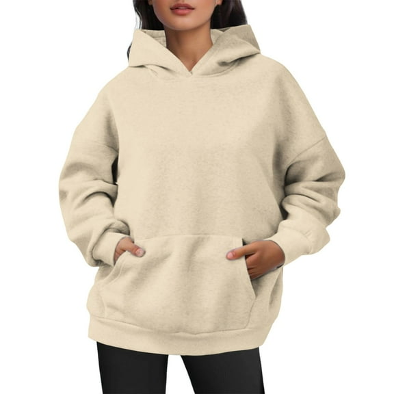 Women's Hoodie Basic Pullover Sweatshirt Long Sleeve Hooded Top (Beige XXL)