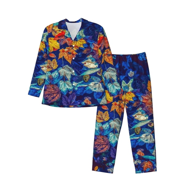 Fotbe Colorful Fall Leaves Pijama de Hombre con Estampado de Manga Larga, Conjunto de 2 Piezas, Ropa de Dormir Suave y Cómoda con Bolsillos-X-Large
