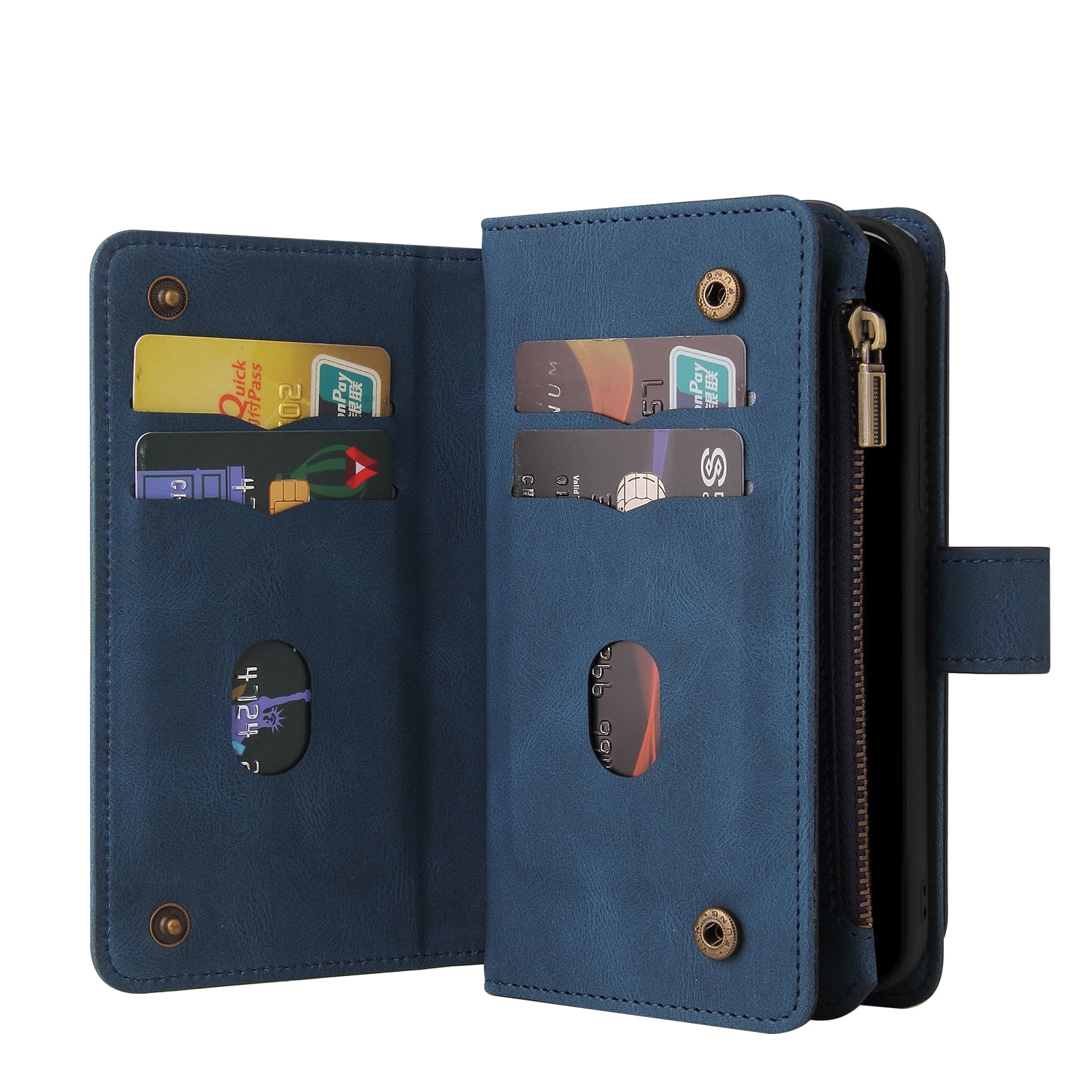 Phone Case for iPhone 17 Pro Max, Wallet Case Luxury Folio Flip Leather Cover [Zipper Pocket] [Wrist Strap] [Kickstand] for iPhone 17 Pro Max, Blue