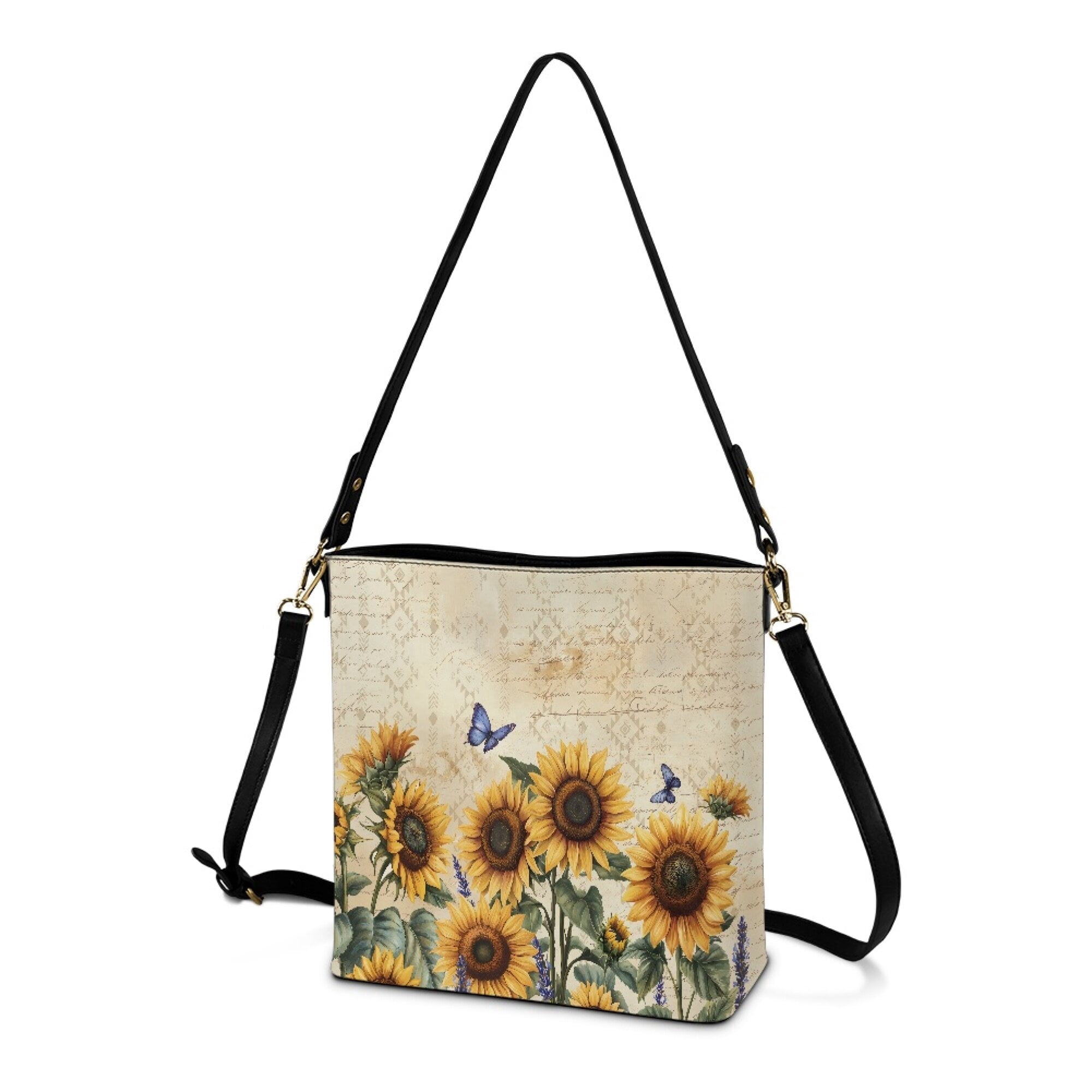Kuiaobaty Sunflower Butterfly Print Bucket Crossbody Bag for Women, Large Capacity Vegan Leather Shoulder Purse with Adjustable Strap, Multi Pocket Hobo Satchel Purse Crossbody for Travel
