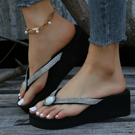 

Krdevn Platform Sandals Women Slope Heel Thick Toe Clip Beach Herringbone Slippers Color Bright Diamond Fashion Home Thick Bottom Slippers -Silver 40