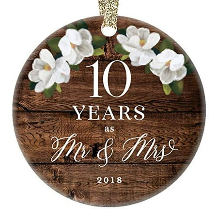 2019 Christmas Ornament Mr. & Mrs. 10th Tenth Wedding Anniversary Gift Porcelain Keepsake Celebrate Couple's Ten 10 Year Marriage Rustic Floral 3