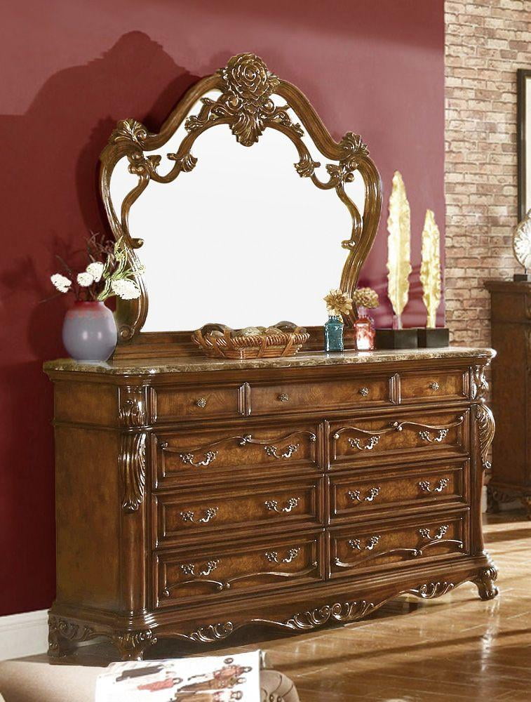 Cherry Oak Carved Wood Dresser With Mirror Set 2Pcs B7189 Mcferran Traditional Walmart