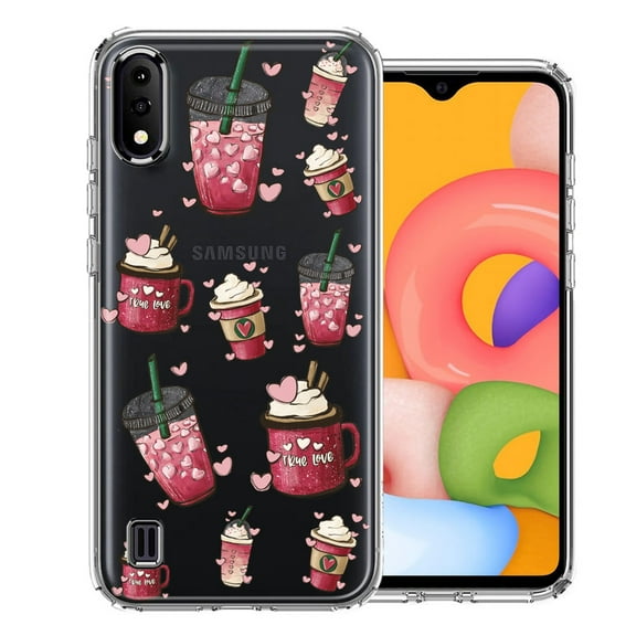 MUNDAZE for Samsung Galaxy A01 Coffee Lover Valentine's Hearts Pink Drink Latte Double Layer Phone Case Cover
