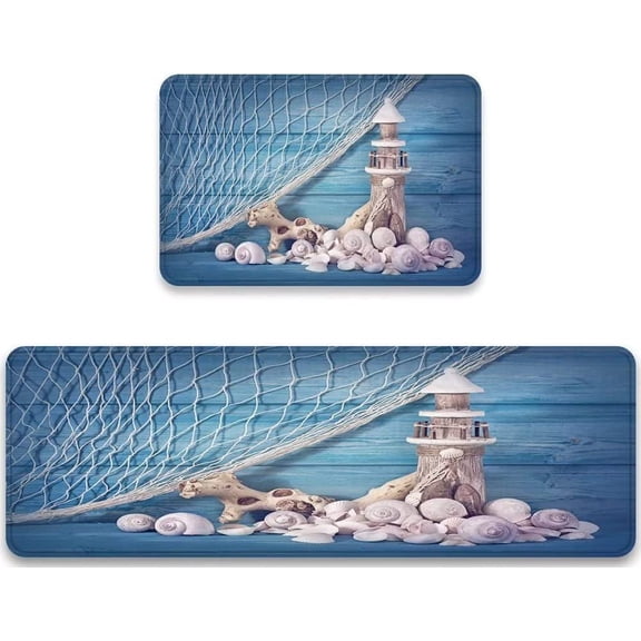 Lighthouse Kitchen Rug Sets 2 Pieces Seashell Fishing Net Starfish Ocean Beach Farmhouse Marine Blue Comfort Floor Mats Washable Nautical Coastal Doormat Anti Fatigue Non-Slip Area Runner Rugs Carpet