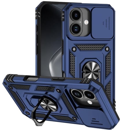 For Apple iPhone 17 6.3" Slim Fit With Slide Camera Cover & Rotated Ring Kickstand,Shockproof Phone Case,Blue,For iPhone 17