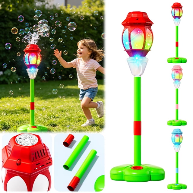 Standing Bubble Machine for Kids, Height Adjustable Up to 37 Inches, Remote Control Automatic Bubble Maker with Light & Music for Birthday Party Gift(Red)