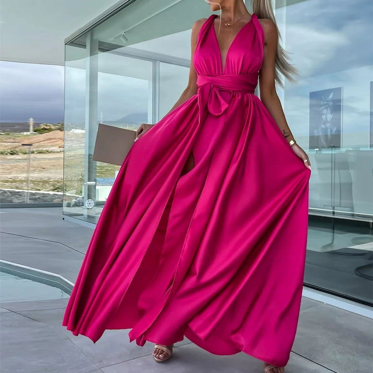 ZZwxWA Elegant Skew Collar Sleeveless Tie Waist Solid Dress