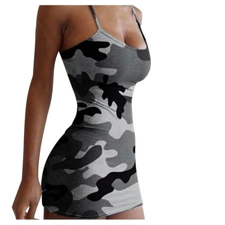 TULUDA Plus Size Casual Dresses for Women Casual Camouflage Print Tight-fitting Sleeveless Sling Bag Hip Dress Summer Dress Gray XXL