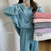 Volkmi Flannel pajamas suit women's thickening warm fairy large size warm suit pants home clothes white one size (80-145 catties)