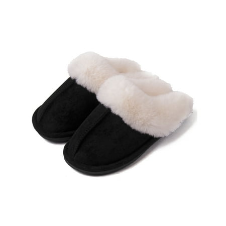 

Rockomi Womens Warm Slipper Memory Foam Slippers Fluffy Winter Shoes Mens Non-slip Cozy Clogs Slides Lightweight Soft Plush Home Shoe Black 5-5.5