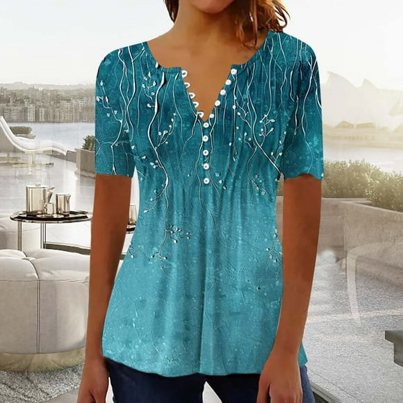 Fatuov Plus Size Ladies Tops Clearance Short Sleeve Floral Print Graphic T-Shirts for Trends Pleated Front Summer Button V-Neck Casual Tunic Tops Multicolor, Sizes S-3X