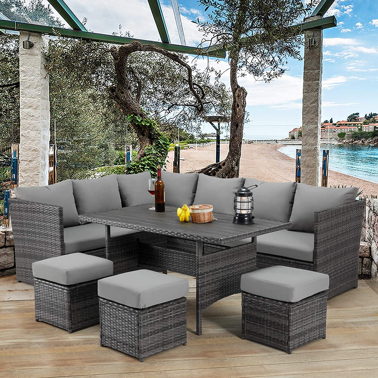 AECOJOY 7 Piece Patio Conversation Set,  Outdoor Sectional Sofa Rattan Wicker Dining Furniture, Gray