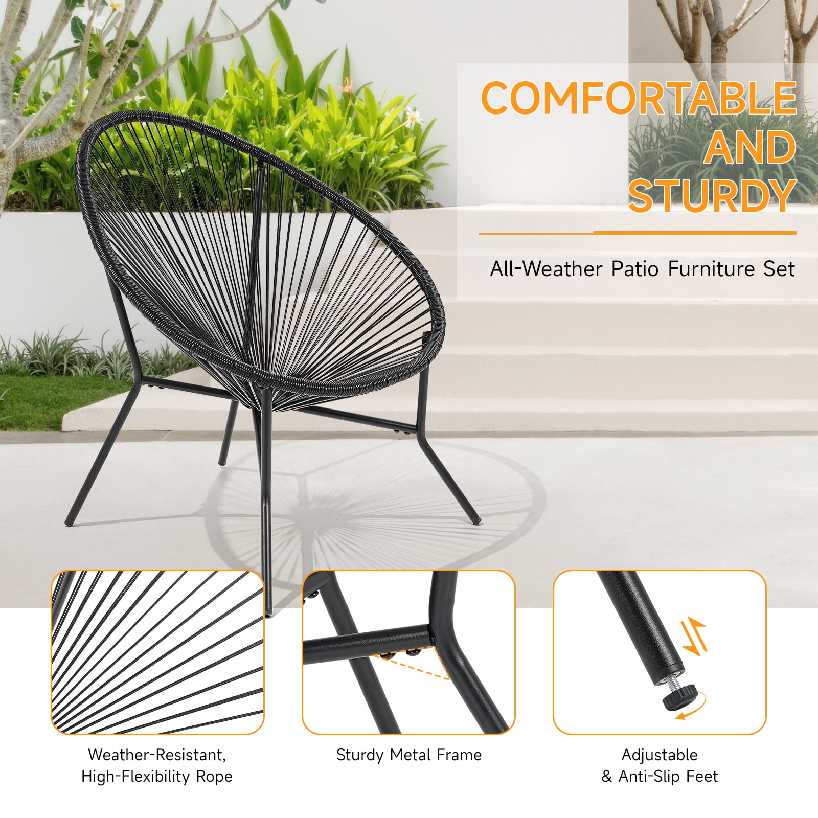 Dovov 3 Piece Patio Acapulco Furniture Bistro Set, Outdoor Bistro Set Acapulco Chairs All-Weather Rattan Wicker Chairs with Plastic Rope and Coffee Table, Black