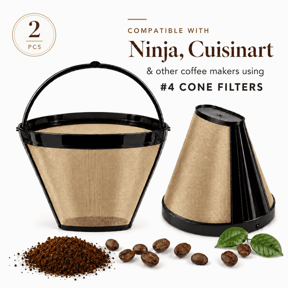 2Pcs Reusable Coffee Filter Basket, No.4 Cone Coffee Maker Filters, for Ninja and Cuisinart Coffee Maker Machines Brewers Filter Replacement