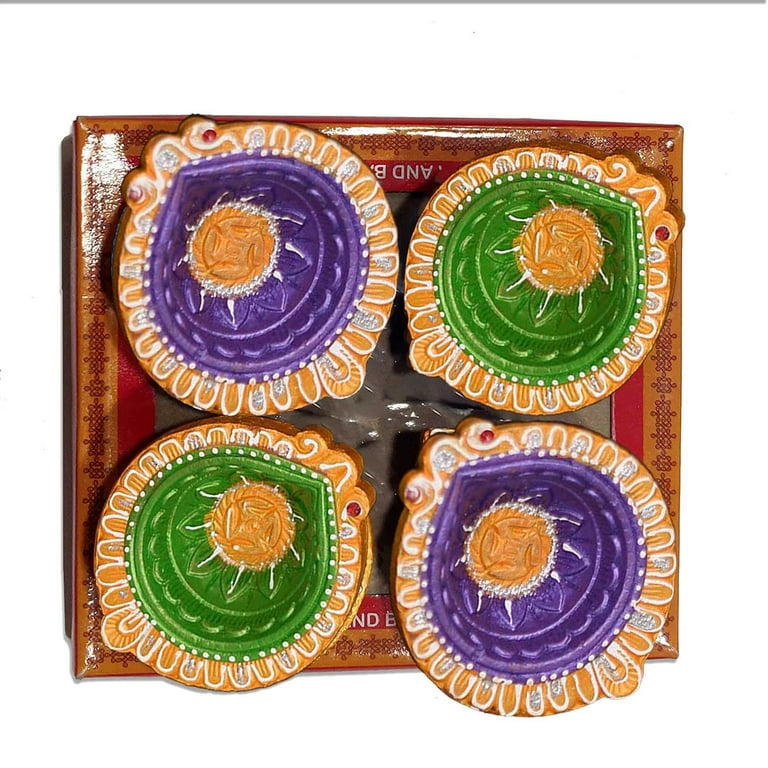 Lot De 6 Diyas (lanternes) En Argile Peints à La Main - Décoration Diwali, Fêtes Indiennes - Motif Fleur Ronde Rouge