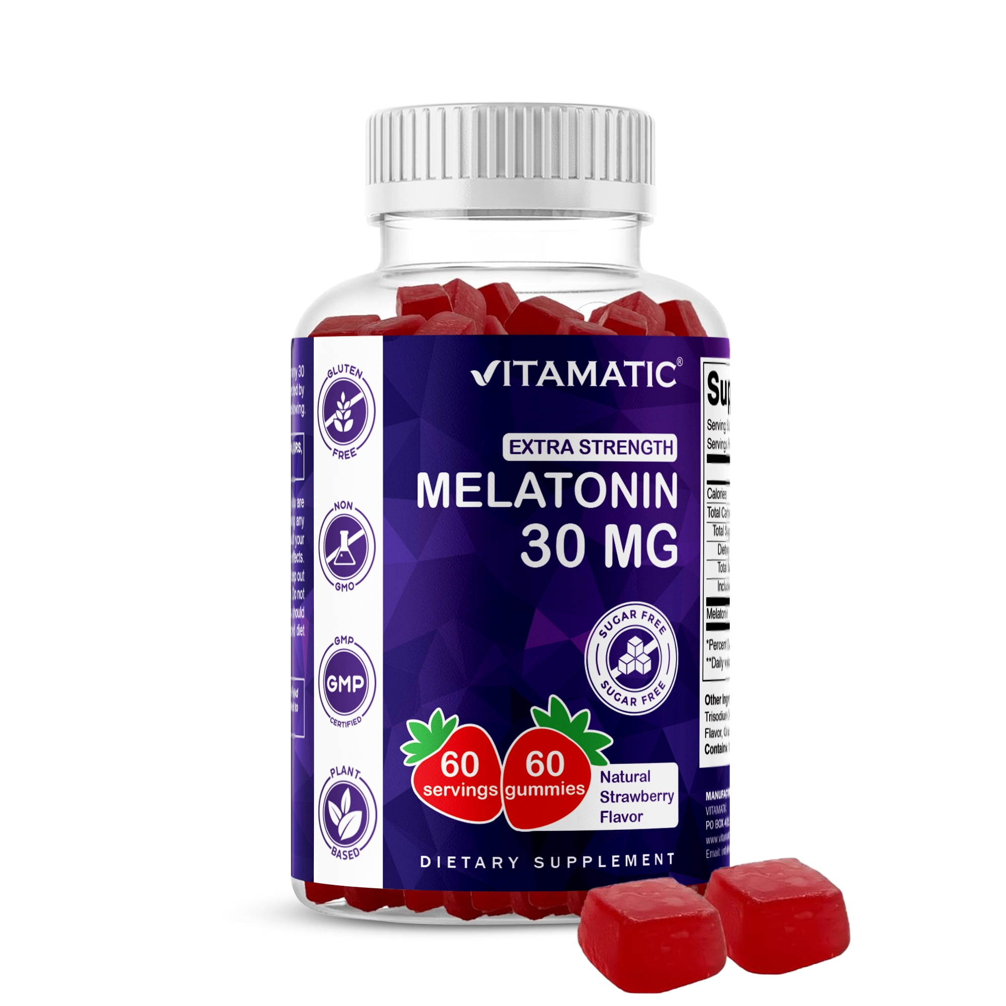 (2 pack) Vitamatic Sugar Free Melatonin 30mg per Gummy - 60 Servings - 60 Vegetarian Gummies - Non-Habit Forming Supplement