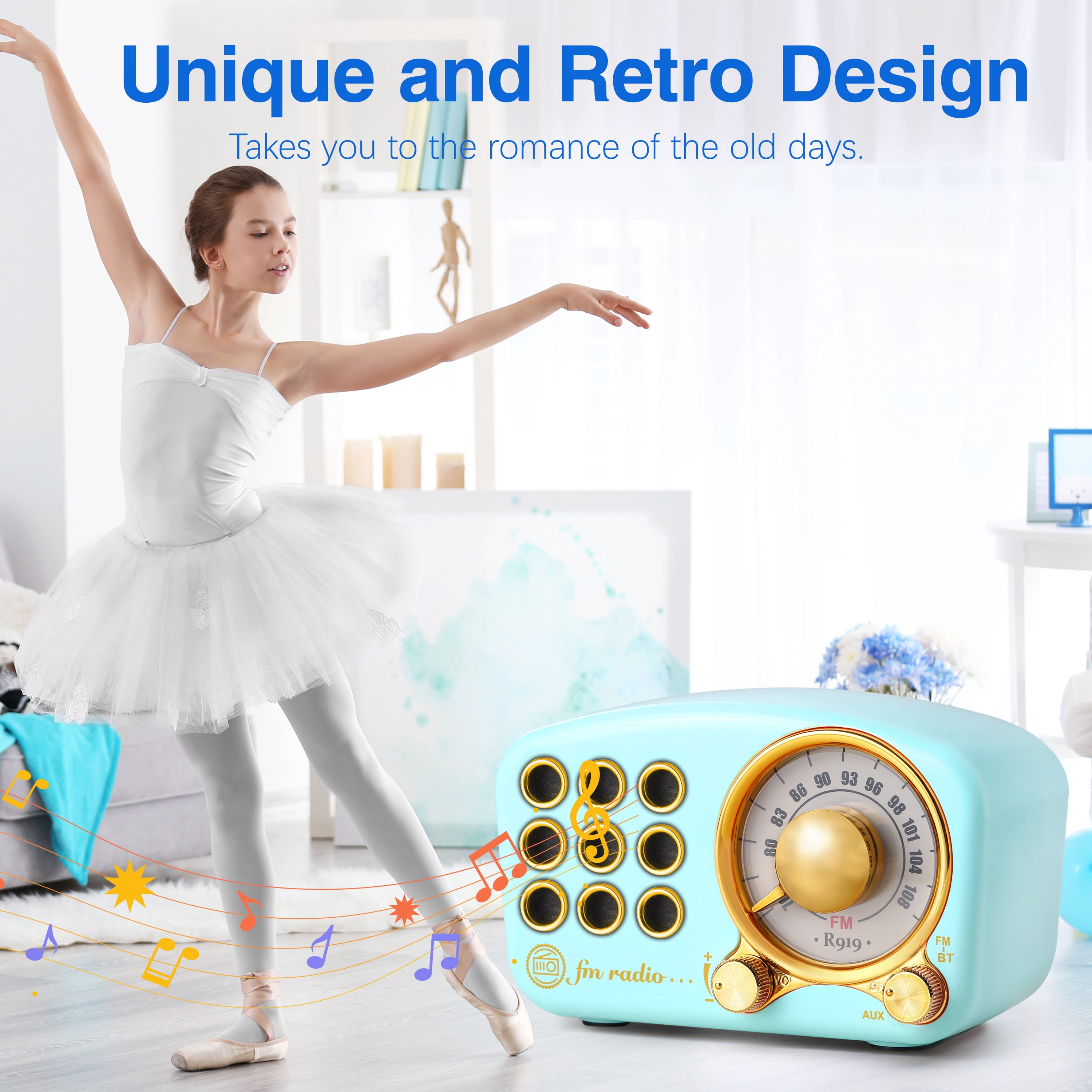 Greadio 919B Bluetooth Portable Battery-Powered FM Radio with Volume Control, Little, Blue, Parties