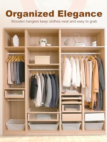 Wooden Hangers 10 Pack, Solid Wood Hanger with Non Slip Pant Bar, Heavy Duty Wooden Coat Hanger for Closet, Smooth Finish Wood Clothes Hangers for Shirts, Suits, Jackets, Dress, Natural