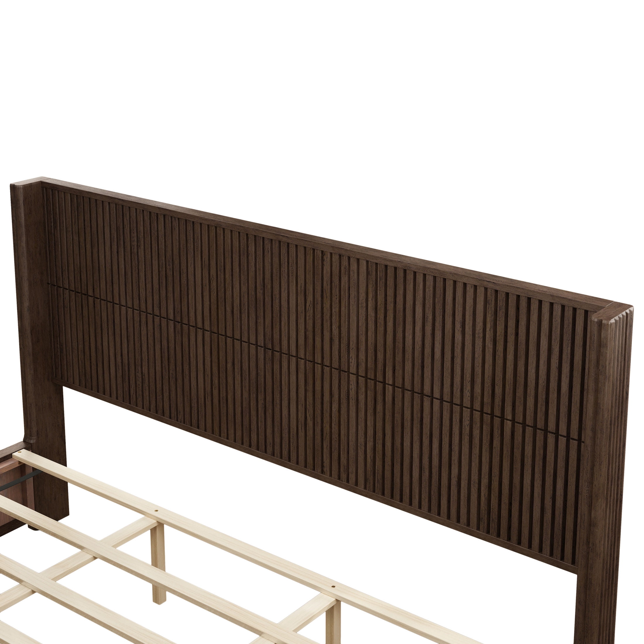 GDF Studio King Size Solid Wood Platform Bed with Wingback Headboard, No Box Spring Needed, Walnut
