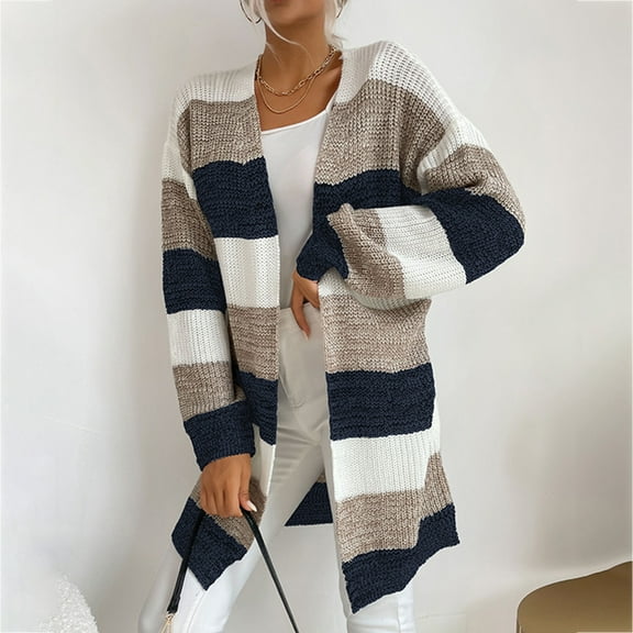 Cardigan Sweaters for Women Trendy Fall Fashion 2025 Cardigans Ndbuld Women's New Fashion Casual Fall/Winter Mid Length Knitted Stripe Sweater Cardigan Coat Great Gifts for Less Navy L