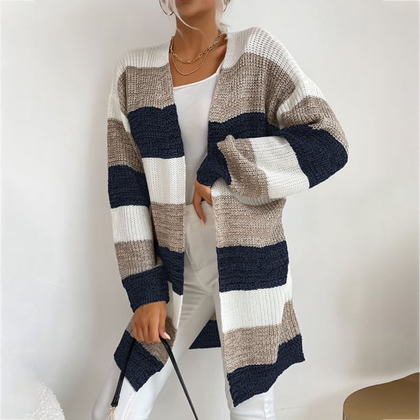 Cárdigan de mujer, nuevo abrigo informal de moda para otoño/invierno, largo medio, tejido a rayas, abrigo tipo cárdigan para mujer