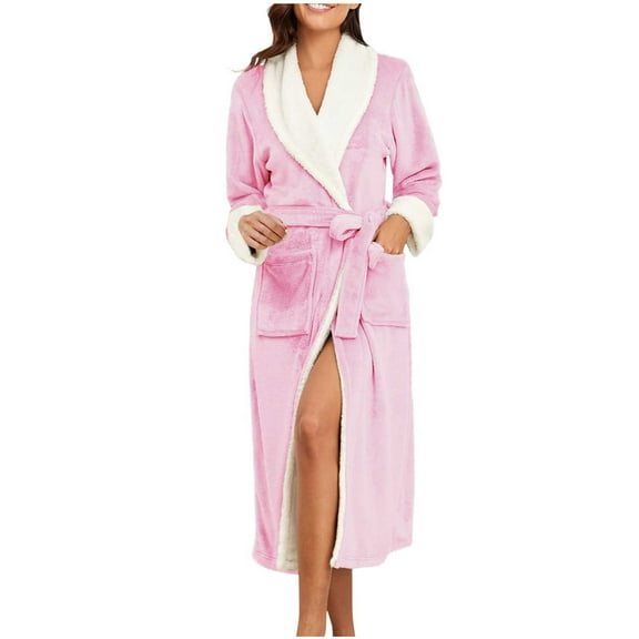 Htigea Bath Robes for Women Flannel Long Sleeve Shawl Collar Robe Soft Sleepwear Lightweight Shower Spa Bathrobe with Pockets Pink,S