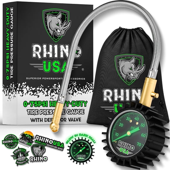 Rhino USA Heavy Duty Tire Pressure Gauge - Certified ANSI B40.1 Accurate, Large 2" Easy Read Glow Dial, Solid Brass Hardware, Best