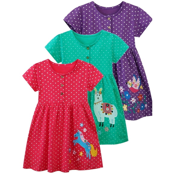 WIBACKER 100% Cotton Toddler Girls Summer Dress Button Decor Polka Dot Print Appliques Dresses for Kids - 1 Piece Unicorn
