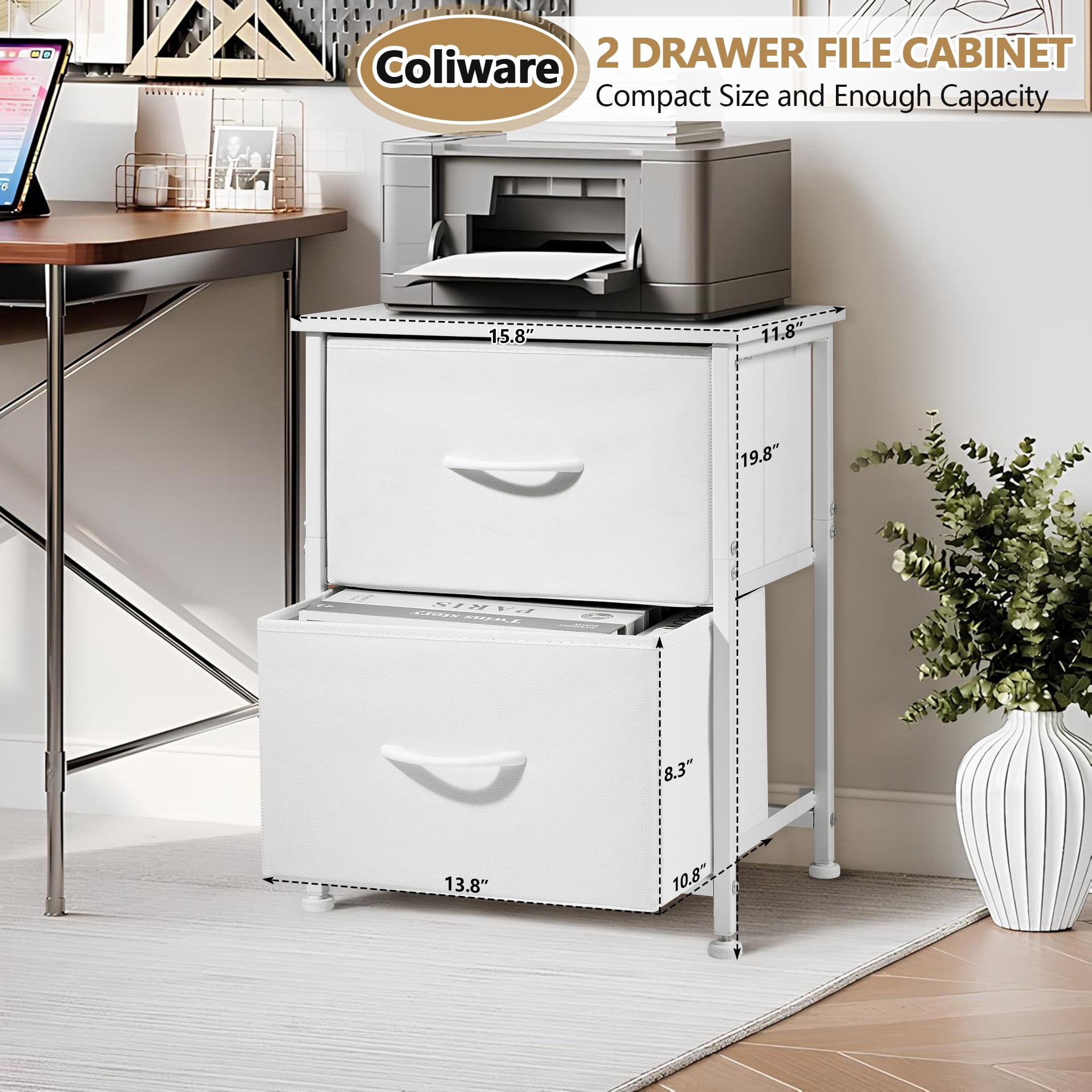 Coliware File Cabinet, Modern Wood Filing Organizer Table with Drawer, Desk Table Cabinet Fits A4 Letter Size, Home Office Furniture for Under Desk Storage, White Printer Stand Table
