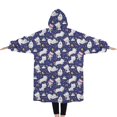 thumbnail image 2 of Oversized Wearable Blanket Hoodie,Dark Blue Cartoon Cat Unicorn Pattern Sherpa Blanket Hoodie with Super Pockets,Super Warm Fuzzy Pullover for Women & Men, 2 of 6