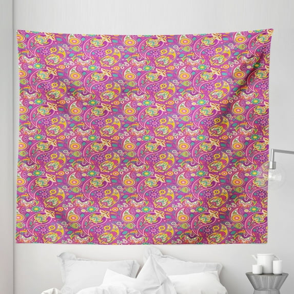 Paisley Tapestry, Ornaments Colorful Tones Pattern Paisley Inspired Continuing Pattern, Fabric Wall Hanging Decor for Bedroom Living Room Dorm, 5 Sizes, Pale Fuchsia Multicolor, by Ambesonne