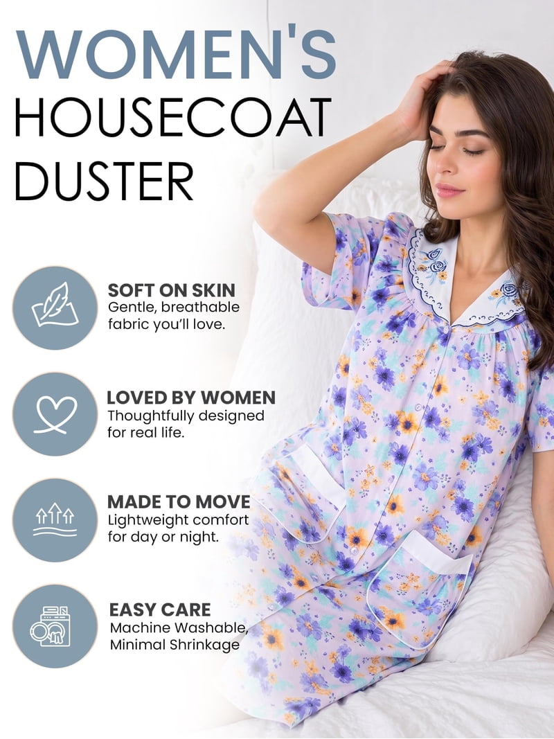 Casual Nights, House Dress, Lightweight Cotton-Poly Knit, Mid-Calf