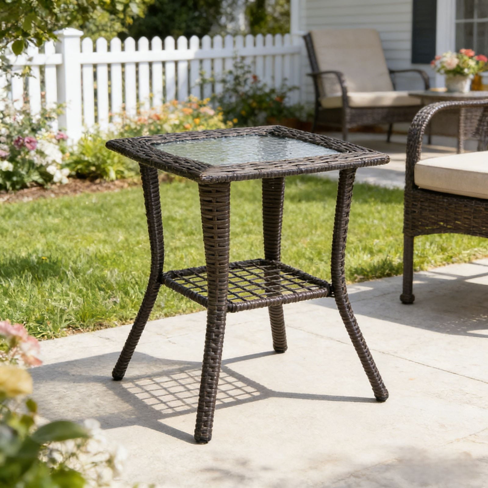 Zimtown Wicker Coffee Side Table, Patio Square End Table with Tempered Glass Table Top, Rattan Table, Gray