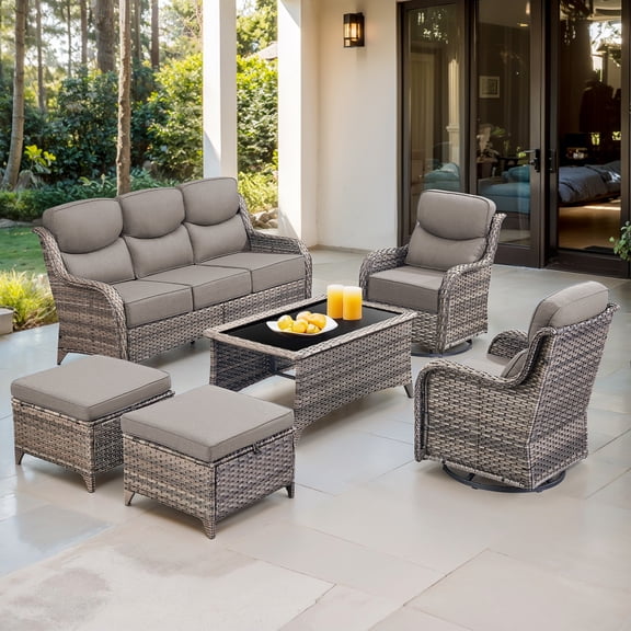 Jentlehouse 6 Pieces Outdoor Patio Furniture Set,Wicker Rattan Patio Sofa Set with Outdoor Rockers,Coffee Table and Ottomans,Outdoor Conversation Set for Poolside Balcony Backyard Porch